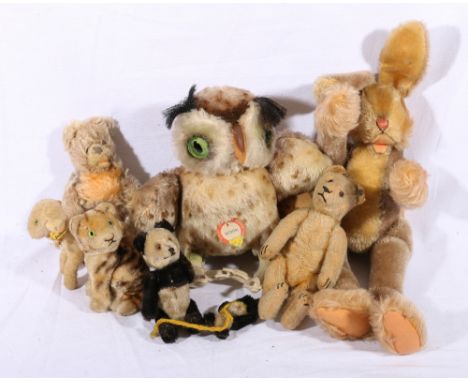 Collection of Steiff animals including rabbit 42cm, Wittie the owl 22cm, goat 10cm, tiger cub 11cm, etc.