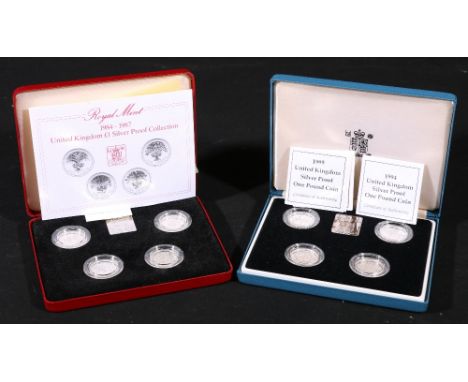 UNITED KINGDOM Elizabeth II silver proof four-coin £1 collection 1984-1987 and another 1994-1997, both sets in Royal Mint iss