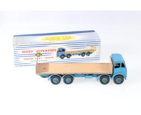 Dinky Supertoys 903 Foden flat truck with tailboard, 2nd type cab with mid blue cab, hubs and chassis, fawn flatbed, in strip