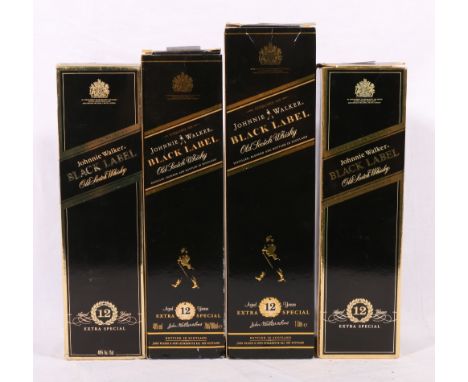 Four bottles of JOHNNIE WALKER Black Label 12 year old blended Scotch whisky, one 43% vol., 1 litre and three 40% vol., 70cl.