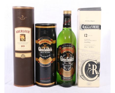Four bottles of Speyside single malt Scotch whisky, ABERLOUR 10 year old, 40% vol., 70cl., boxed, CRAGGANMORE 12 year ol 40% 
