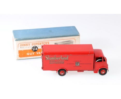 Dinky Toys 514 Guy van Slumberland, 1st type cab with red cab and body, ridged hubs, in blue box with pictorial label.