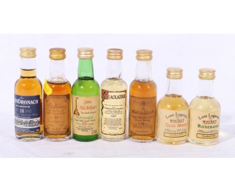 Seven scotch malt whisky miniatures to include ROSEBANK 1989 12 year old, GLEN MHOR 1978 22 year old, HIGHLAND PARK 1989 Blac
