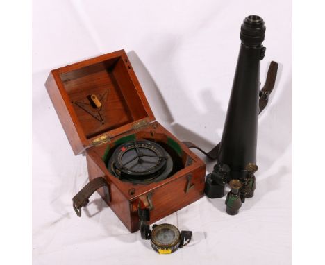 WWII T G & Co. Ltd military issue sighting compass, number 273342, dated 1944, MKII, ships compass in box, a monocular scope,