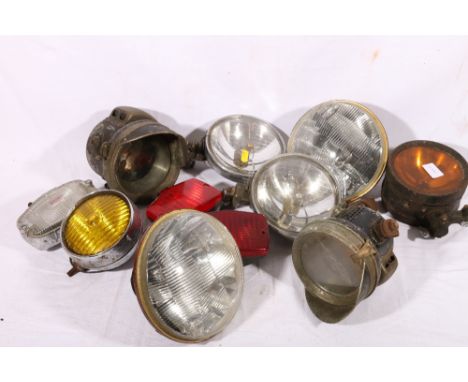 Pair of Lucas FT/LR14 headlights, two Powell & Hammer headlights, pair of Carello headlights, Wipac fog lamp, etc.