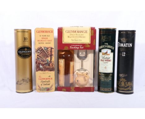 Five bottles of single malt Scotch whisky, GLENGOYNE 10 year old, 40% vol., 70cl., GLENMORANGIE 10 year old 40% vol., 70cl., 