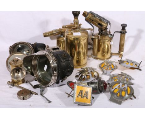 Max Sievert of Stockholm brass torch, another, a carbide lamp, Powell & Hanmer of Birmingham car headlamp, six AA car badges,