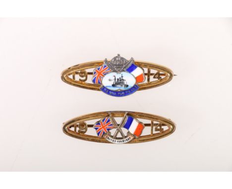 9ct yellow gold and enamel brooch 'The War for Peace' 1914 with crossed UK and French flags, 4g and another similar 'United f