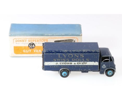 Dinky Toys 514 Guy van Lyons, 1st type cab with dark blue body, mid blue ridged hubs, non cast axle mounts, in blue box with 