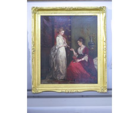 An oil on canvas - two women looking through content of a jewellery box by Robinson Elliott of Newcastle 1814-1894, signed R.