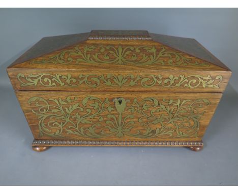 A Regency brass inlaid rosewood sarcophagus shaped two section tea caddy - Height 19cm x 31cm x 16cmCondition report: Missing