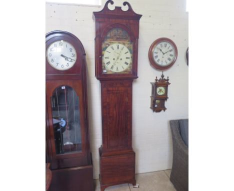 A Regency mahogany line inlaid longcase clock, eight day movement 14" painted arch dial showing four seasons - Height 89"Cond