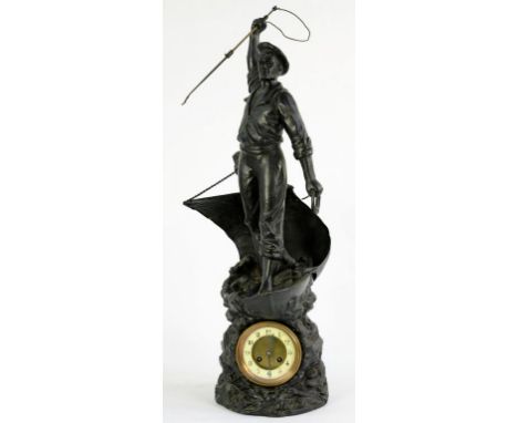 A FRENCH FIN DE SIECLE SPELTER FIGURAL MANTLE CLOCK IN THE FORM OF A SAILOR WITH HARPOON STANDING ON THE PROW OF A WHALING SH
