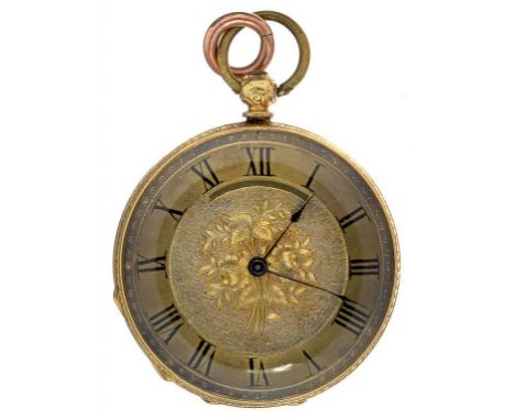 A SWISS GOLD FOB WATCH WITH ENGRAVED DIAL AND CASE, MARKED K 18, LATE 19TH C