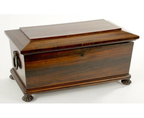A VICTORIAN ROSEWOOD TEA CADDY OF SARCOPHAGUS SHAPE, WITH FITTED INTERIOR, 39.5CM W