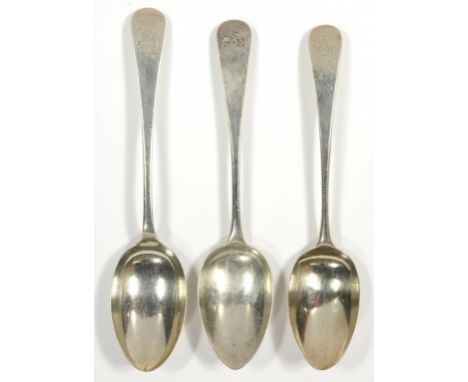 THREE SILVER TABLE SPOONS, OLD ENGLISH PATTERN, LONDON 1799 AND 1817 AND SHEFFIELD 1902, 6OZS 8DWTS