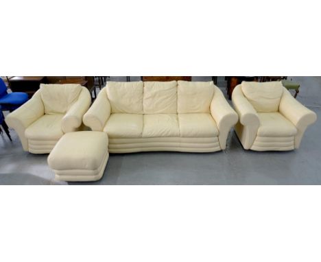 A CREAM COVERED LEATHER FOUR PIECE SUITE, COMPRISING SOFA, TWO ARMCHAIRS AND A FOOTSTOOL, SOFA 210CM W