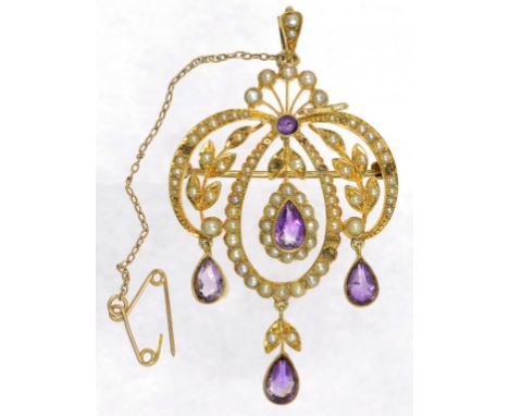 A BELLE EPOCH AMETHYST AND SPLIT PEARL SET GOLD OPENWORK BROOCH - PENDANT, MARKED 15CT, EARLY 20TH C, 8.8G