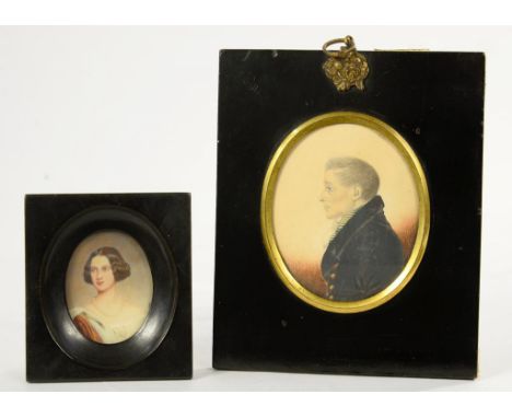 ENGLISH SCHOOL, PORTRAIT MINIATURE OF JOHN SLADE, INK AND WATERCOLOUR ON CARD, OVAL, 8 X 6.5CM, PAPIER MACHE FRAME WITH ROSE 