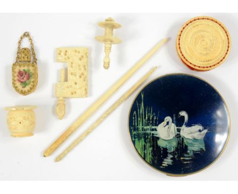 A 19TH C CHINESE CARVED IVORY SEWING CLAMP AND SEVERAL SIMILAR ARTICLES, A MINIATURE GILTMETAL FILIGREE SCENT BOTTLE AND A ST