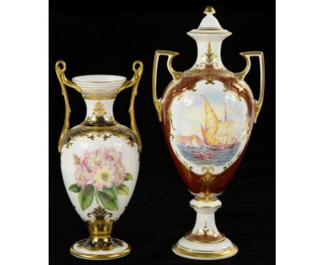 A SPODE CLARET GROUND TWO HANDLED VASE AND COVER, DECORATED TO BOTH SIDES WITH A SHIPPING SCENE, 31CM H, GILT PRINTED MARK, N