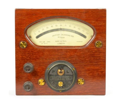 VINTAGE ELECTRICAL APPARATUS. A ROBERT W PAUL MAHOGANY BALLISTIC UNI PIVOT GALVANOMETER, 17CM H