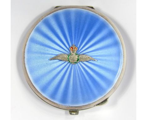 A GEORGE VI SILVER AND BLUE GUILLOCHE ENAMEL COMPACT, THE LID APPLIED WITH THE ENAMELLED SILVER WINGS INSIGNIA OF THE ROYAL A