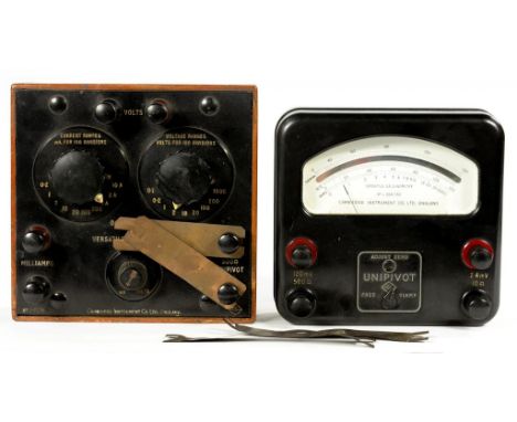 VINTAGE ELECTRICAL APPARATUS. A CAMBRIDGE INSTRUMENT CO LIMITED BLACK BAKELITE UNI PIVOT VERSATILE GALVANOMETER, 16CM H AND A