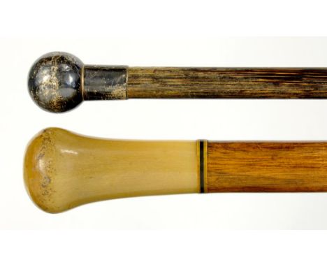 A HORN HANDLED HARDWOOD WALKING CANE WITH BRASS TIP, 89CM L AND A SMALLER HARDWOOD STICK WITH SILVER POMMEL, BOTH EARLY 20TH 