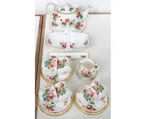 A HAMMERSLEY BONE CHINA GRANDMOTHER'S ROSE PATTERN TEA SERVICE, AND A BASKET AND TRINKET DISH EN SUITE