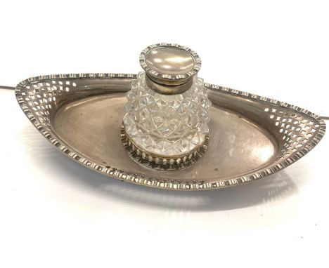 Antique silver ink well London silver hallmarks measures approx 21cm by 10cm with silver lid and cut glass inkwell in good co