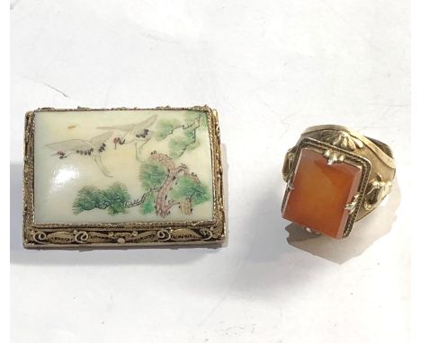 Chinese silver stone set brooch and ring 