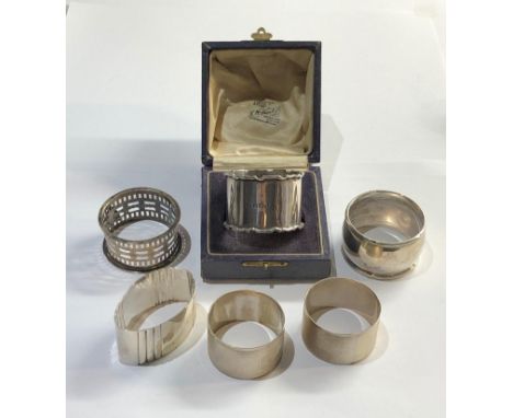 Selection of 6 vintage silver napkin rings  1 boxed please see images for details 