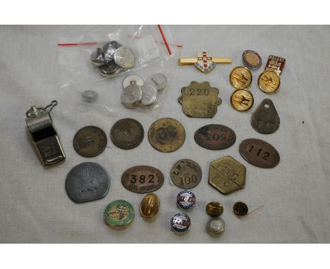 Small box of assorted buttons, pay tokens and a brass Acme Thunderer whistle stamped BR(M) 