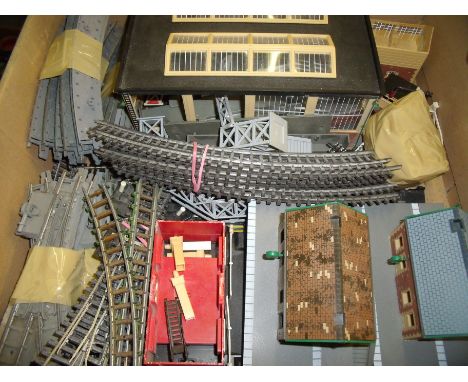Box of assorted model railway track OO gauge, Hornby scenic's including platforms, engine shed etc  