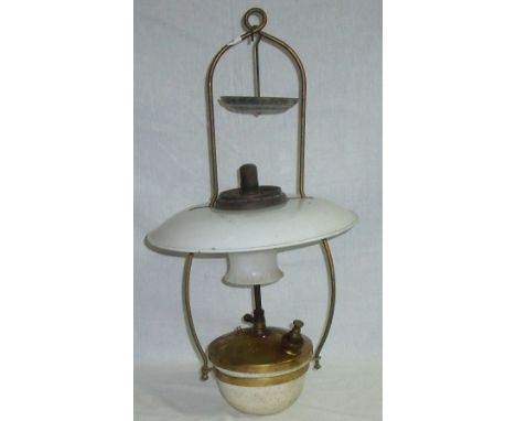Brass and enamel tilly lamp with opaque flared shade and removable enamel reflector in brass hanging loop