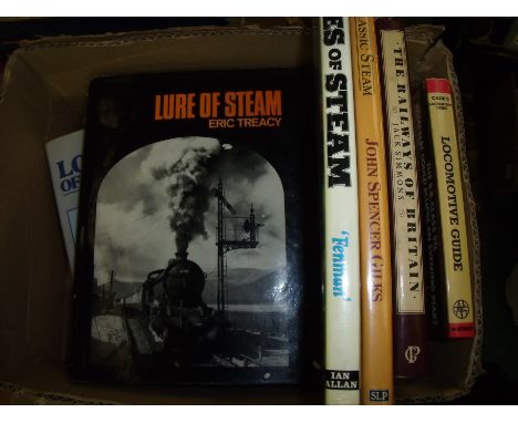 Box of assorted railway books including 'British Locomotives of the 20th Century' by O.S Knock, 'Portrait of Steam', by Eric 