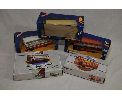 Five Corgi Metro Buses No 675/13 15 16, East Kent No 91847 and an Airbus No 91702 all in original boxes 