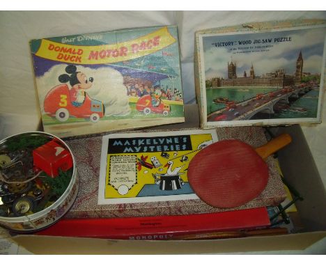 Victory wooden jigsaw of the House of Parliament and Westminster Bridge London, Walt Disneys Donald Duck Motor Race, Maskelyn