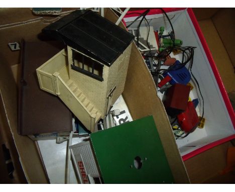 Small selection of Scalextric style plastic buildings including pit box, figures, controllers, fencing etc 