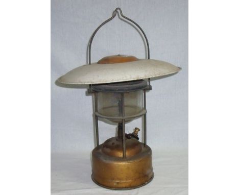 Brass and glass tilly lamp with enamel reflector