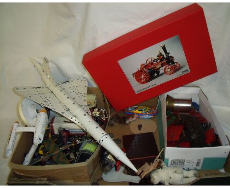 Box of assorted toys including a Meccano Concord, a Fine Cast Agricultural Engine scale metal kit, tin plate boat, die cast v