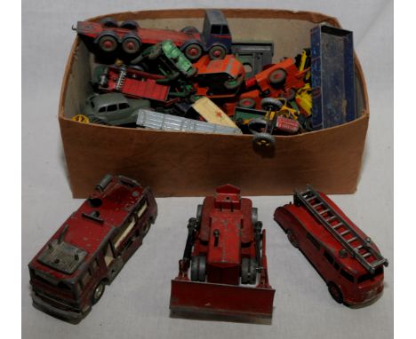 Box of assorted Diecast vehicles including Dinky Merryweather Marquis Fire Tender, Dinky Mecanno Fire Engine, Dinky Supertoys