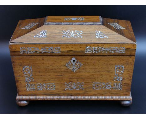 19th century Rosewood, mother of pearl inlaid, sarcophagus form tea caddy with a fitted interior. 32 x17 x 22 cm. UK Postage 