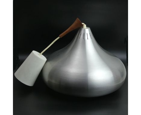 Retro aluminium and teak rise and fall ceiling light, circa 1970. 36 cm diameter. UK Postage £30. 