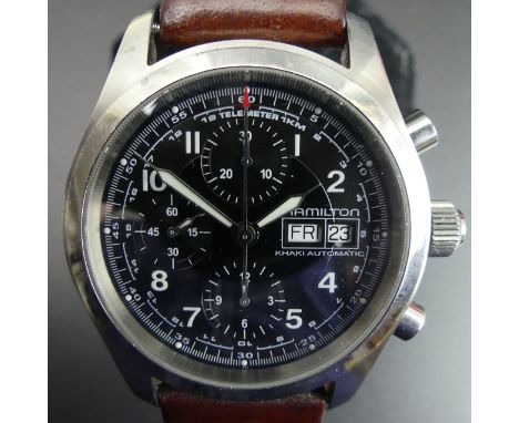 Hamilton Khaki stainless steel, automatic chronograph wristwatch, on a brown leather strap, with a Hamilton quick release mec