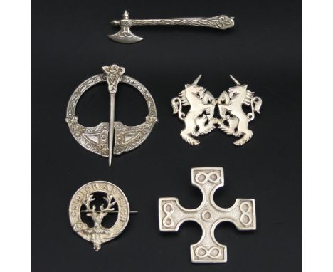 Five Scottish Celtic silver brooches/pins, various assay marks. Longest 55 mm. UK Postage £12. 