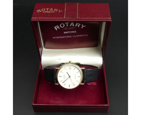 Gents 9 carat gold, quartz, date adjust movement, boxed, Rotary watch. 35 mm wide including button. UK Postage £15. 