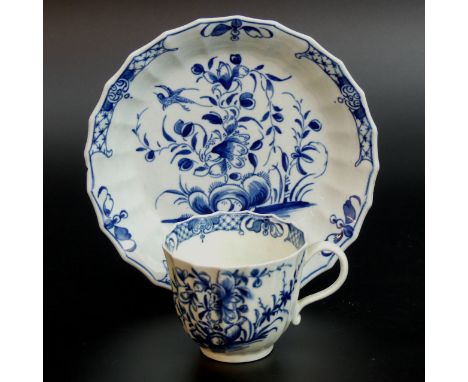Worcester blue and white porcelain fluted coffee cup and saucer dish, circa 1765. Dish 14 cm in diameter. Cup 5.6 cm high. UK