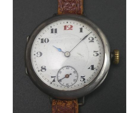 Vintage Rolex sterling silver cased trench 'Red 12' watch. 1914 London import marks to the Rolex case. 34 mm diameter (exclud